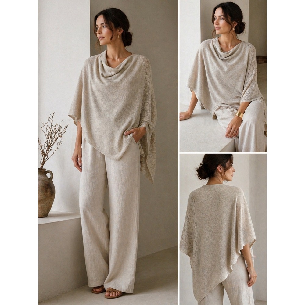 Eileen Fisher Beige Linen Blend Poncho Top Asymmetrical Drape Minimalist OS